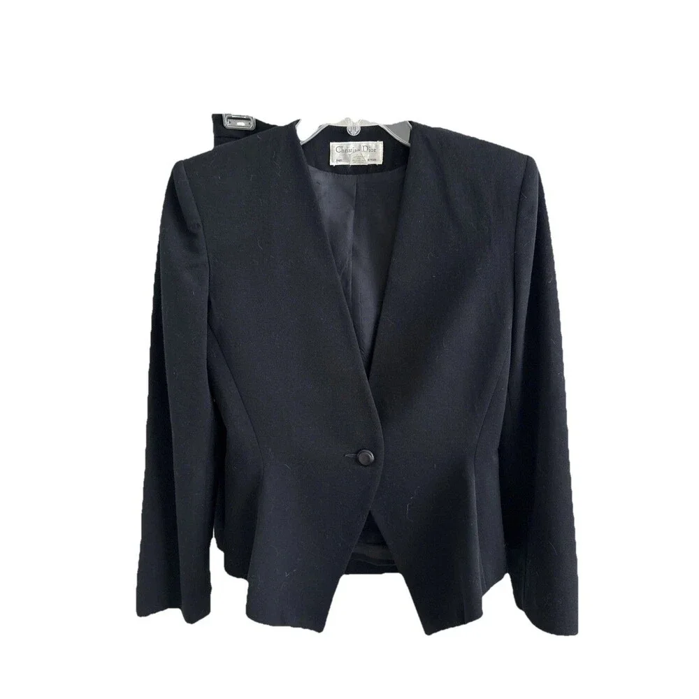 VTG CHRISTIAN DIOR Black Jacket Wool Sculptural Blazer Suit pencil Skirt Sz 8 S